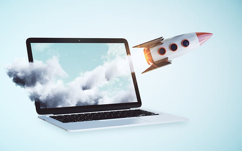 A demonstration of a rocket launch through a laptop screen