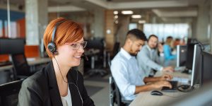 Customer service female wearing headphone working at her desk with his team in the background blur