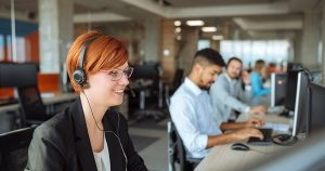 Customer service female wearing headphone working at her desk with his team in the background blur